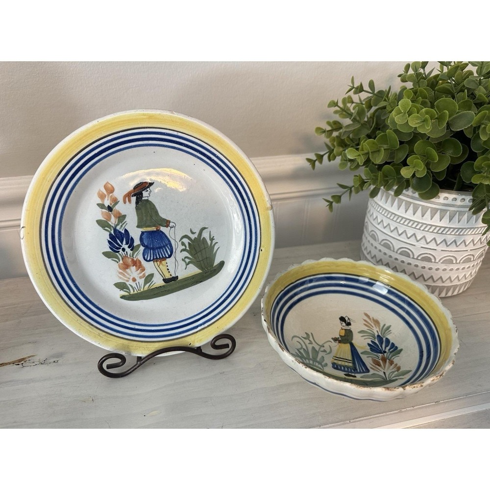 Henriot Quimper France Hand Painted Faience Breton Plate & Bowl‎ Set 2pc